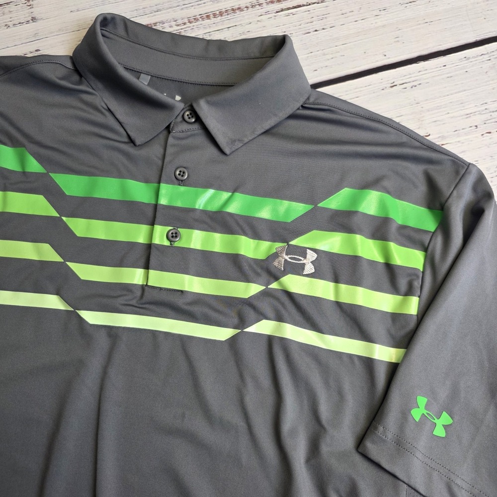 Under Armour Coldblack Mens XL Gray Green Striped Polo Shirt Heatgear Loose‎ Fit